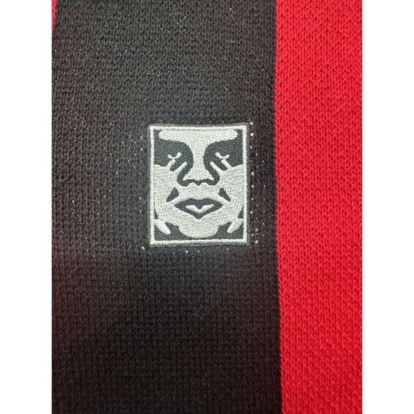 Obey Sweater Mens Large Red Black Polo Pullover Soccer Jersey 89 Stripe Knit - Picture 3 of 7